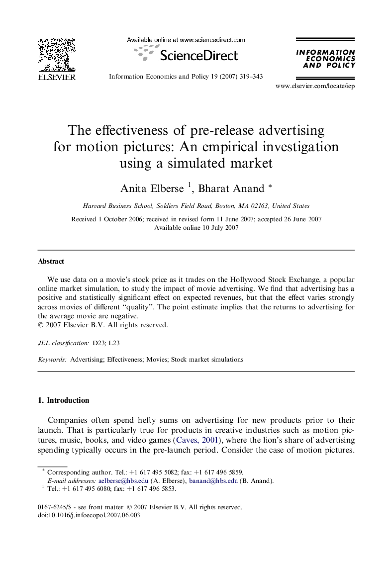 The effectiveness of pre-release advertising for motion pictures: An empirical investigation using a simulated market