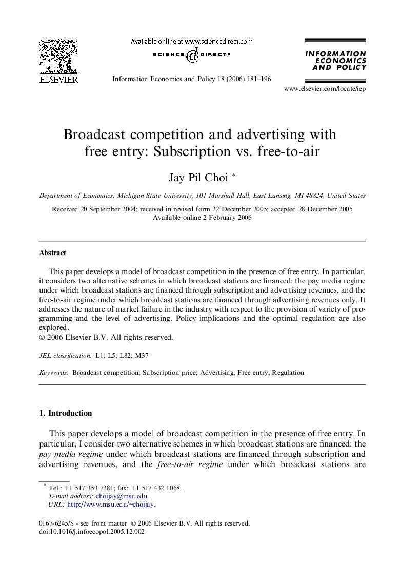 Broadcast competition and advertising with free entry: Subscription vs. free-to-air