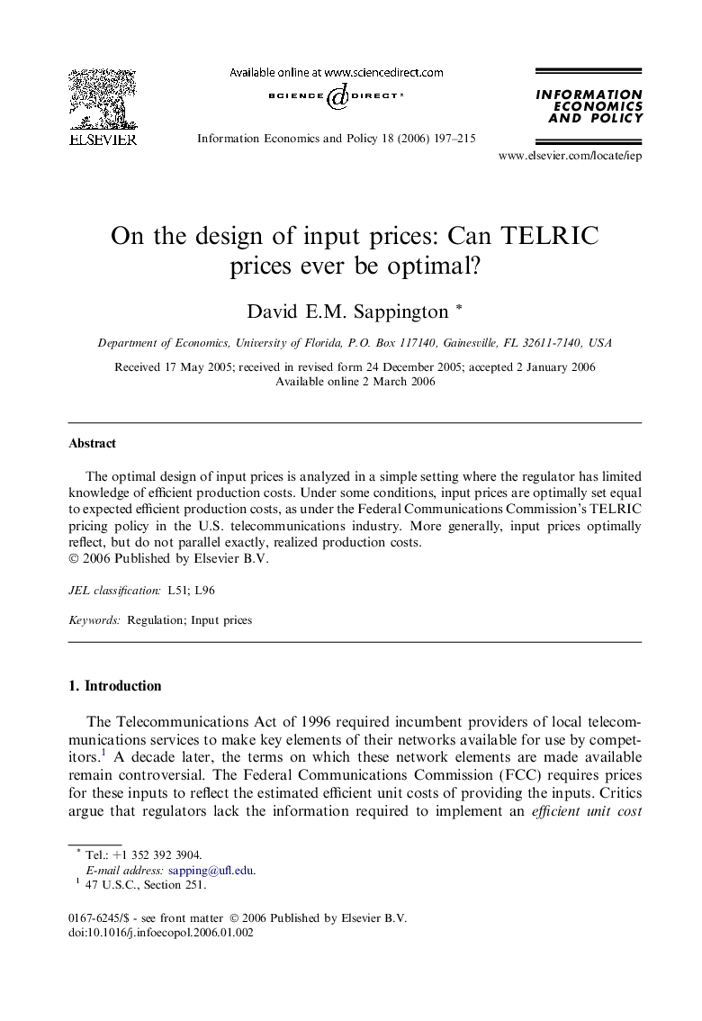 On the design of input prices: Can TELRIC prices ever be optimal?