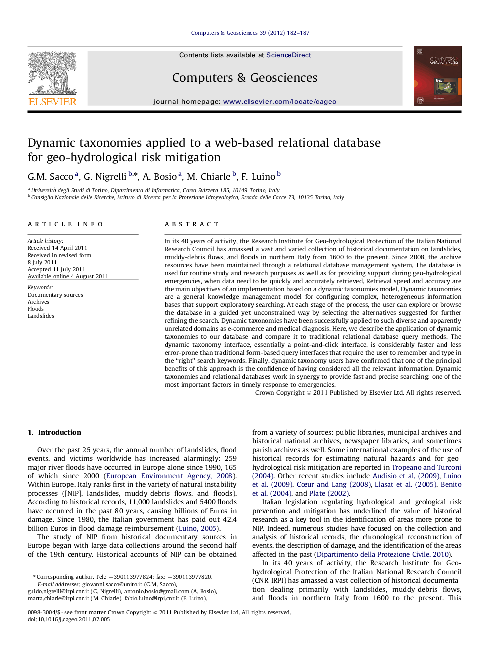 Dynamic taxonomies applied to a web-based relational database for geo-hydrological risk mitigation