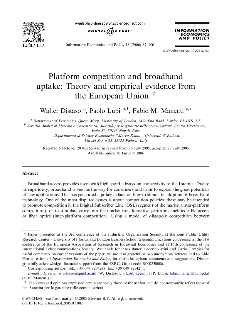 Platform competition and broadband uptake: Theory and empirical evidence from the European union