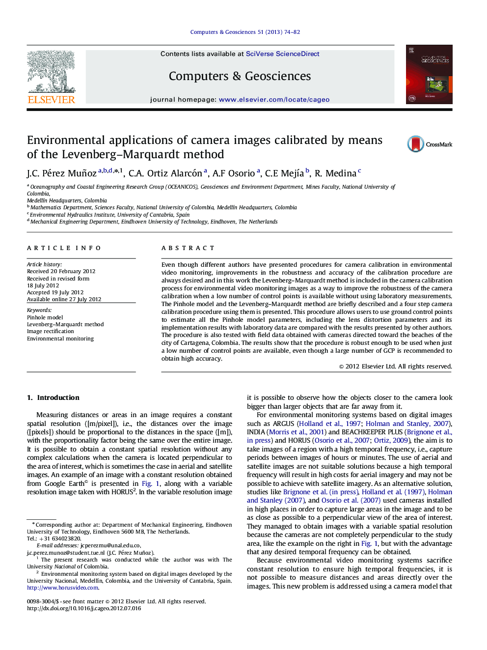 Environmental applications of camera images calibrated by means of the Levenberg–Marquardt method