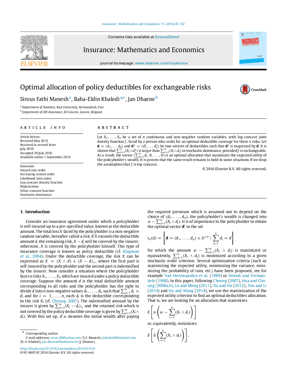 Optimal allocation of policy deductibles for exchangeable risks