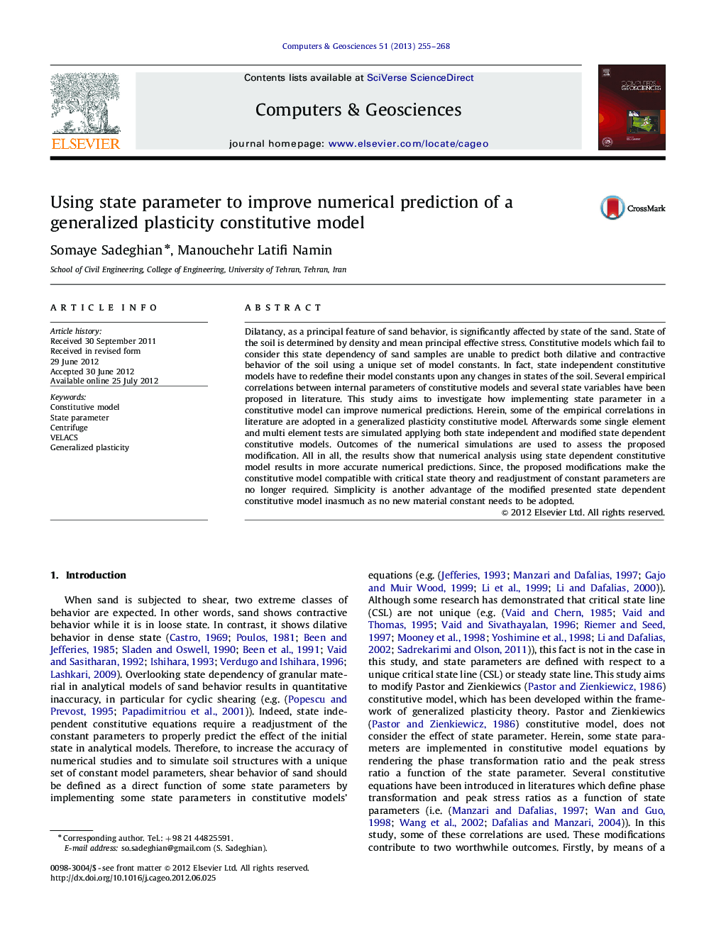 Using state parameter to improve numerical prediction of a generalized plasticity constitutive model