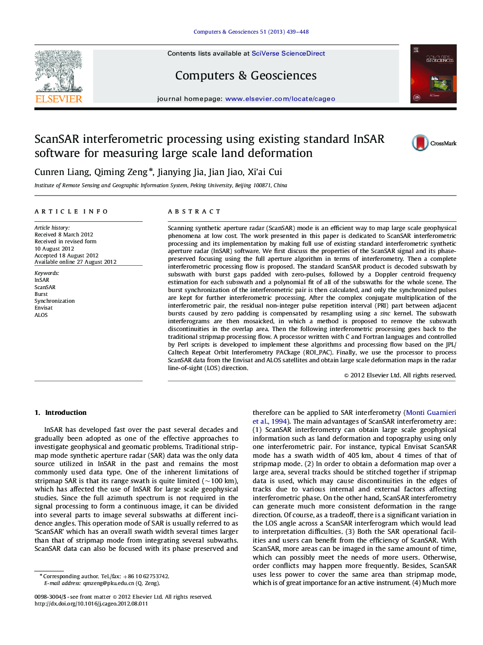 ScanSAR interferometric processing using existing standard InSAR software for measuring large scale land deformation