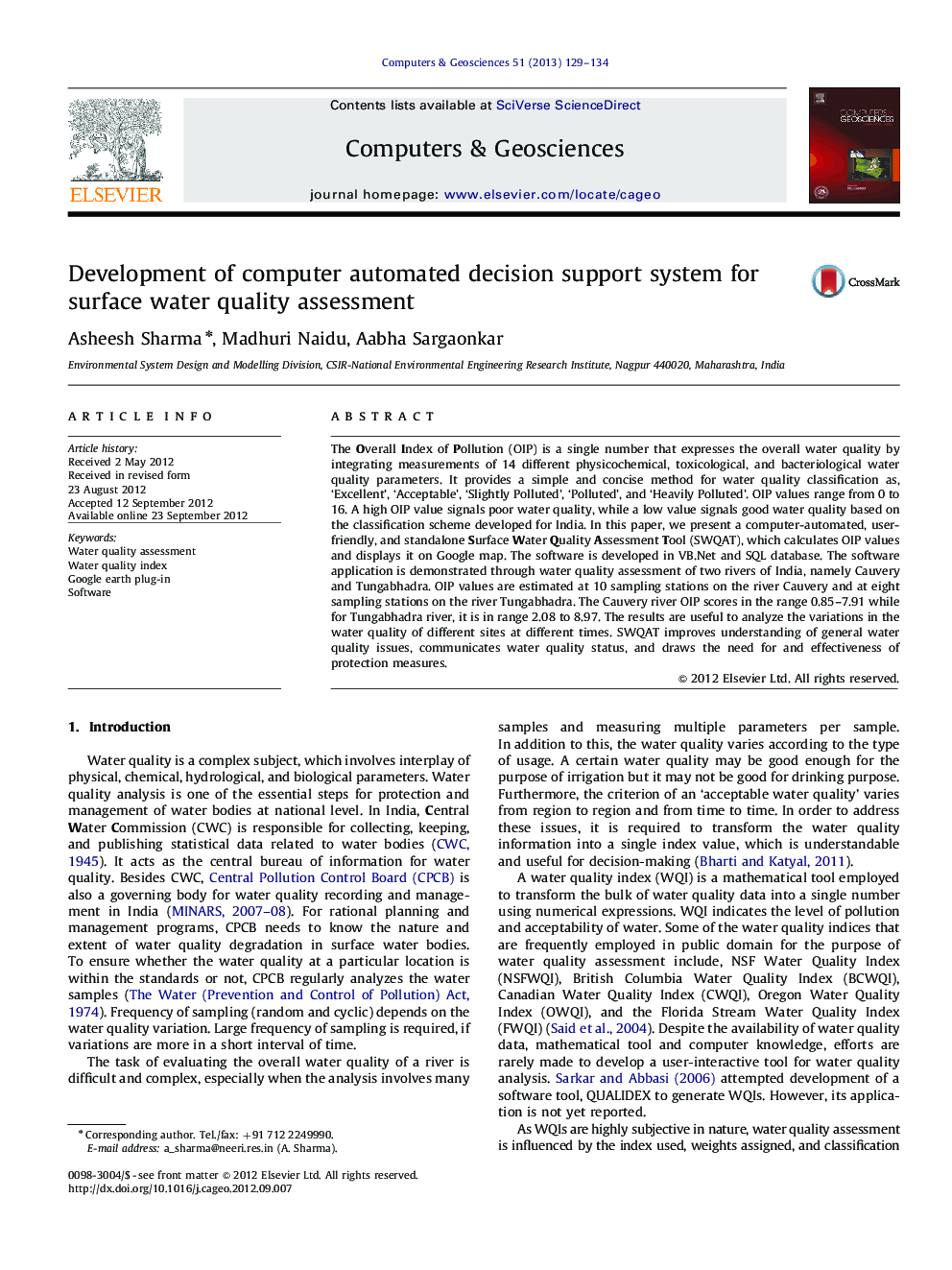 Development of computer automated decision support system for surface water quality assessment