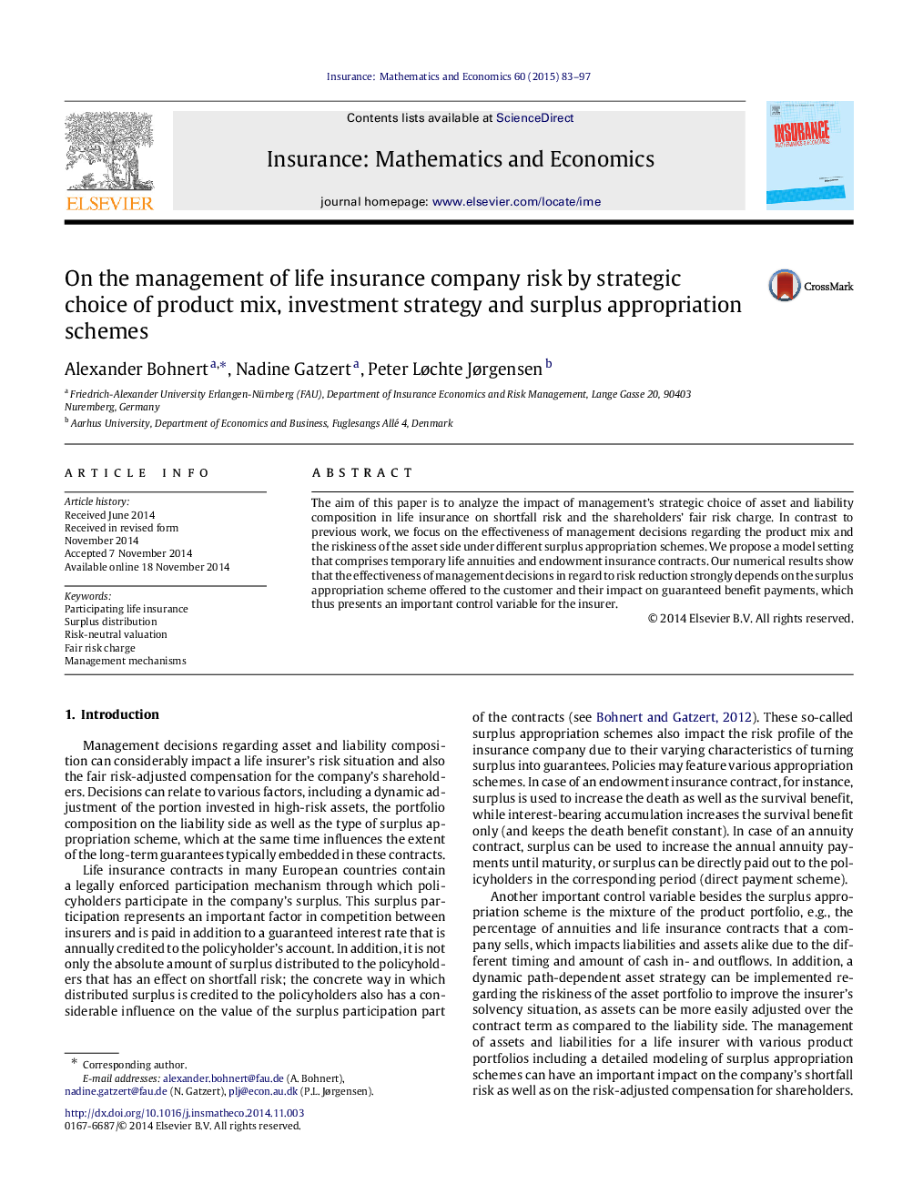 On the management of life insurance company risk by strategic choice of product mix, investment strategy and surplus appropriation schemes