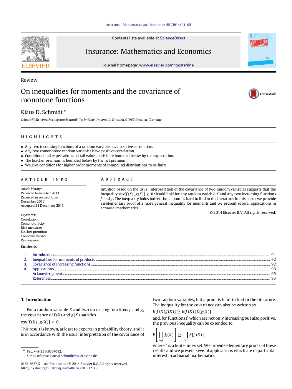 On inequalities for moments and the covariance of monotone functions