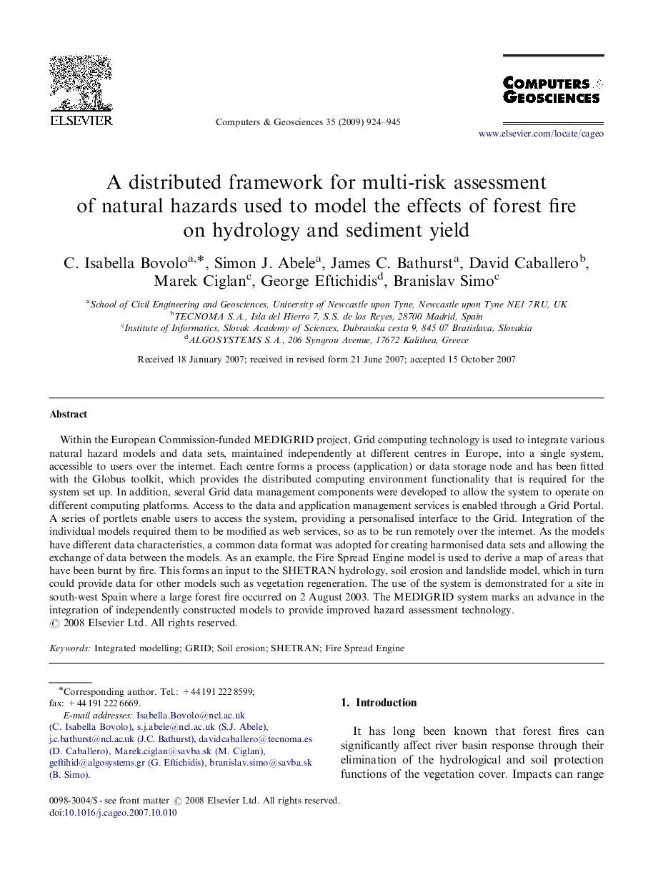 A distributed framework for multi-risk assessment of natural hazards used to model the effects of forest fire on hydrology and sediment yield