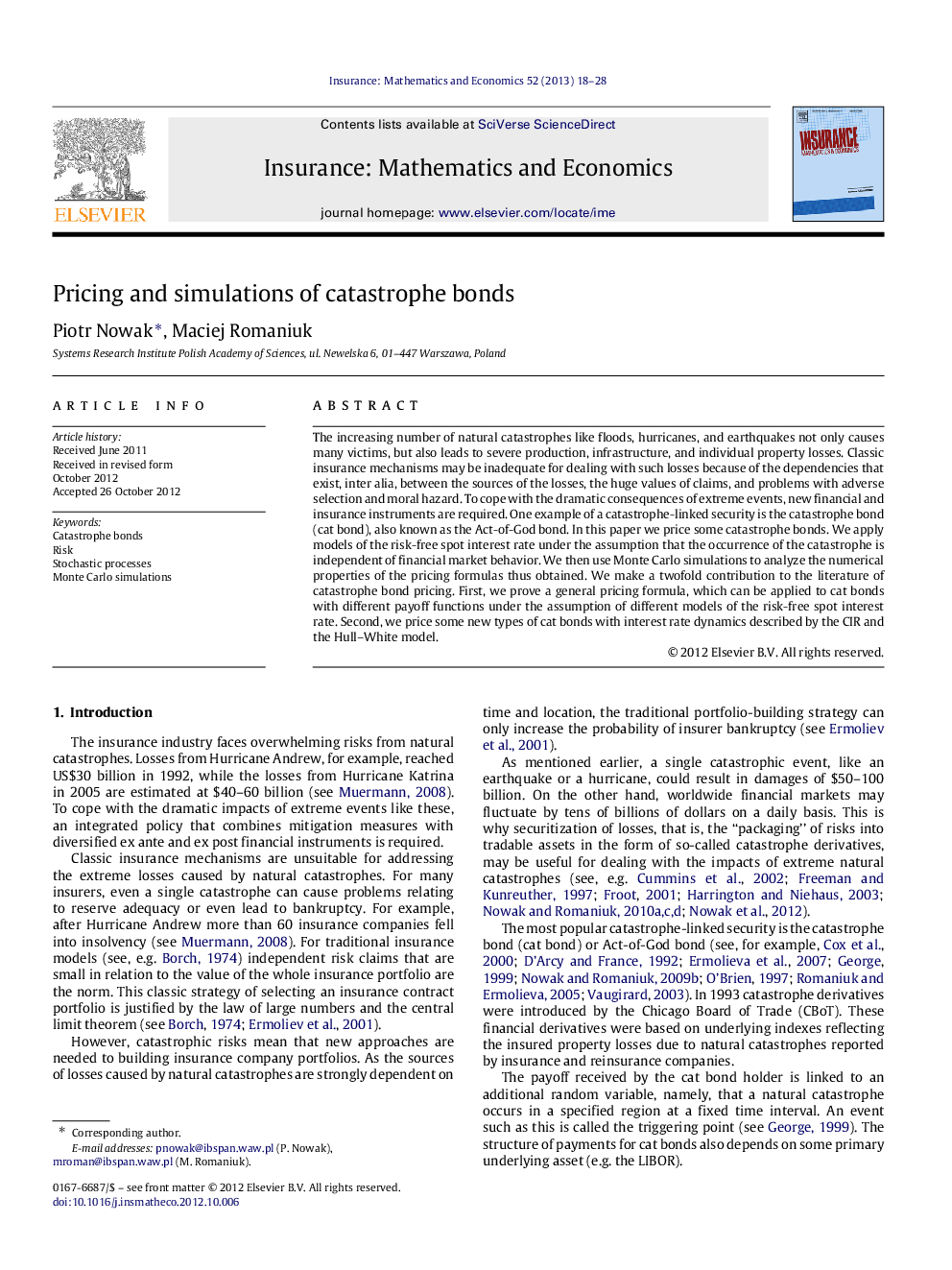 Pricing and simulations of catastrophe bonds