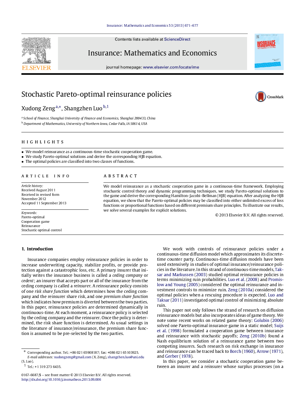 Stochastic Pareto-optimal reinsurance policies