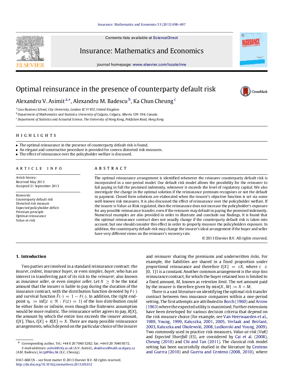 Optimal reinsurance in the presence of counterparty default risk