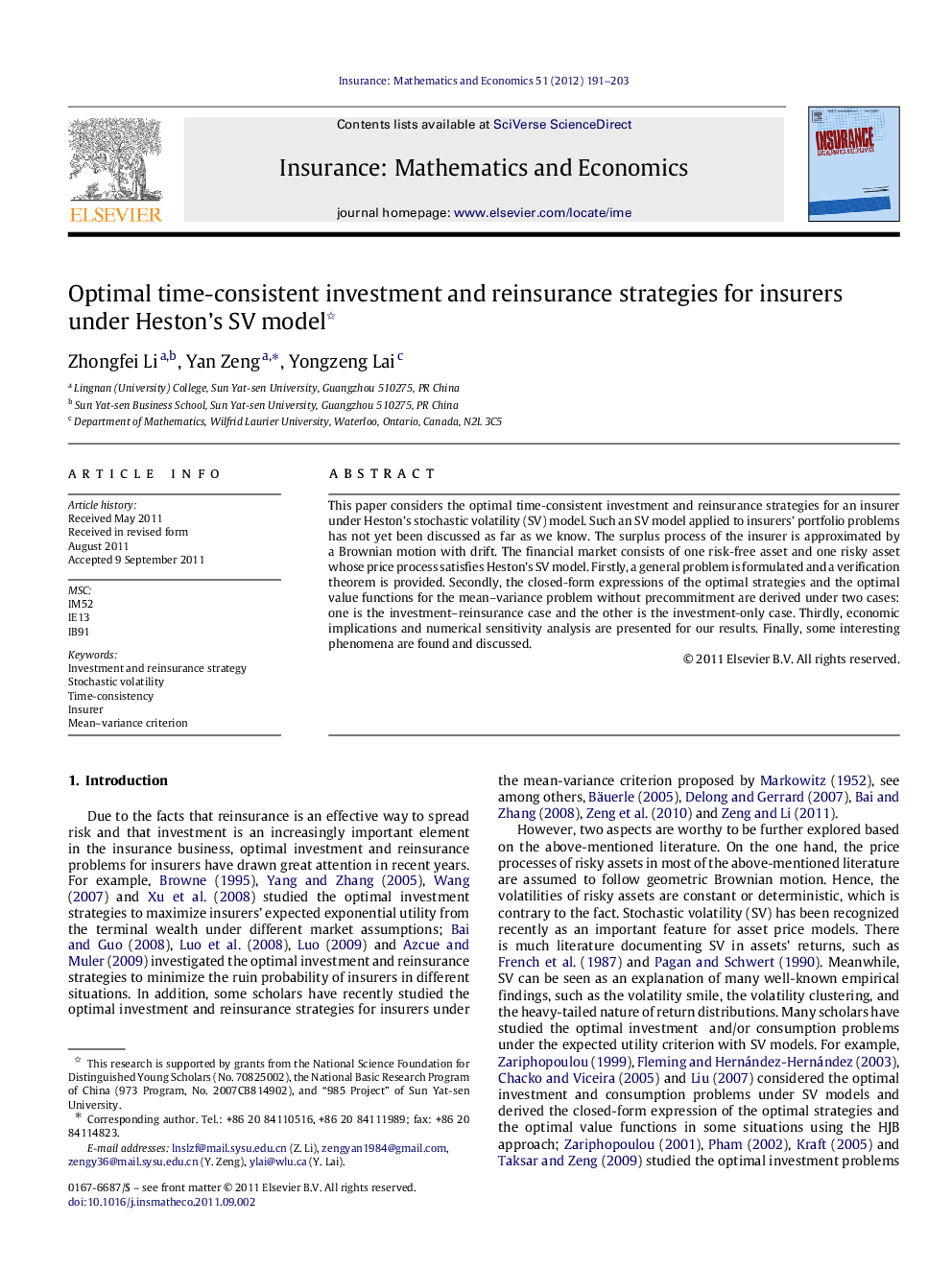 Optimal time-consistent investment and reinsurance strategies for insurers under Heston's SV model