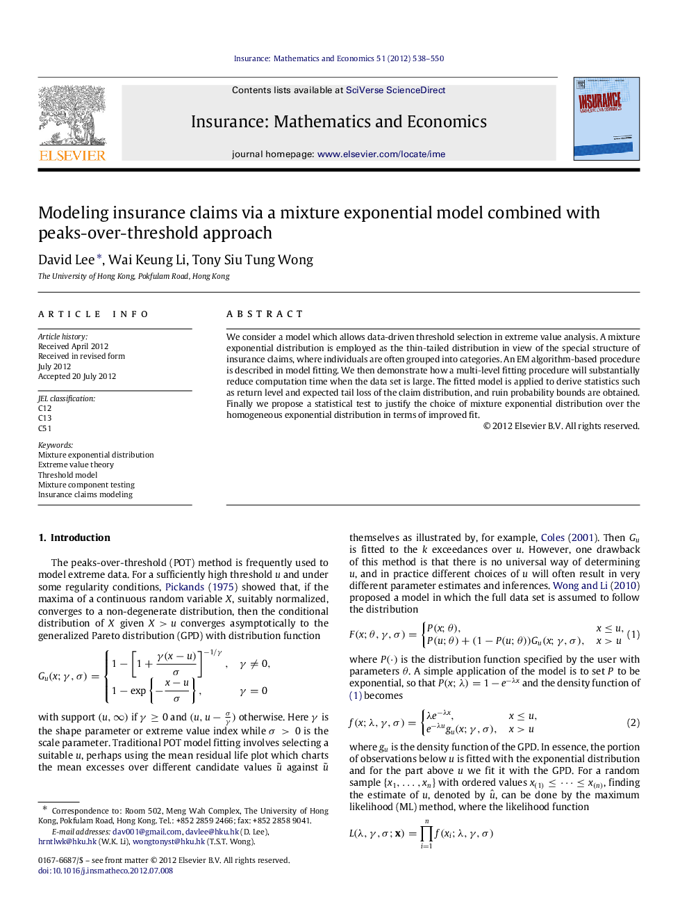 Modeling insurance claims via a mixture exponential model combined with peaks-over-threshold approach