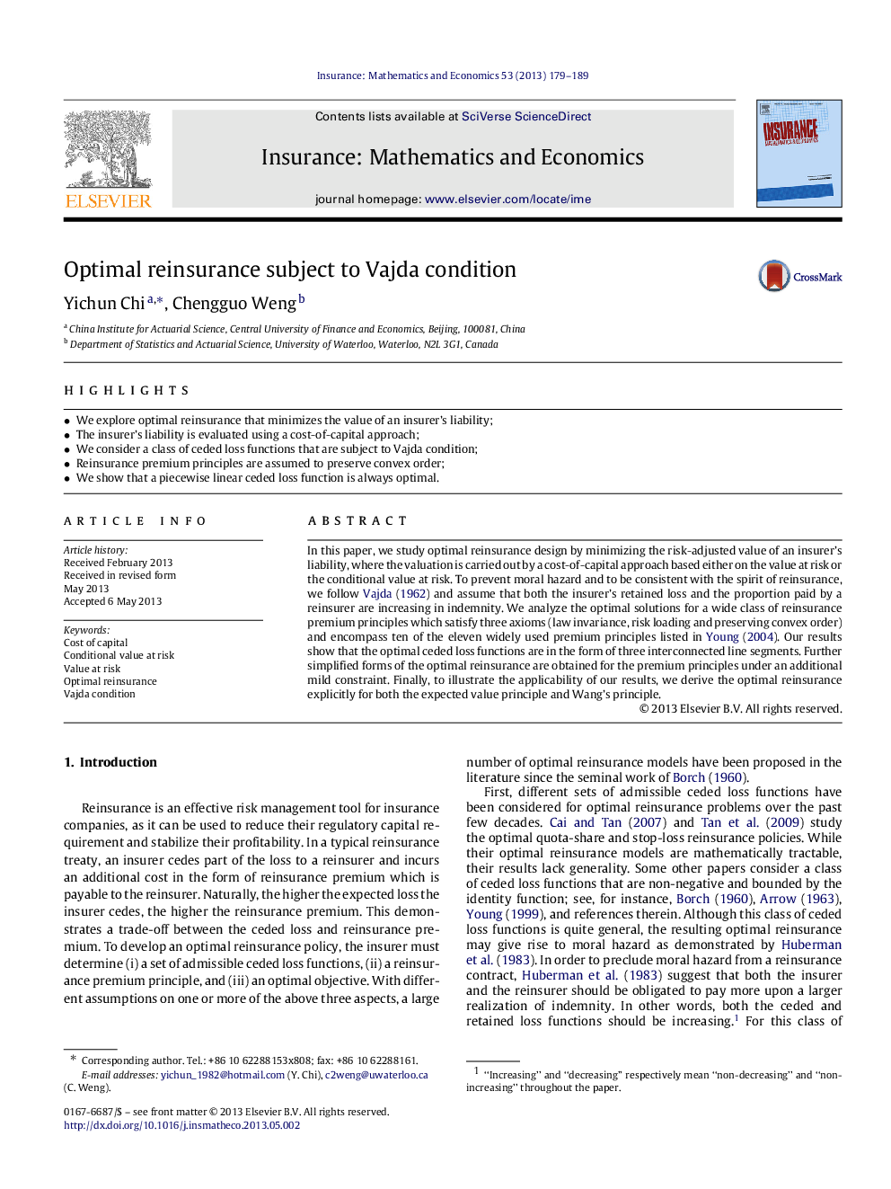 Optimal reinsurance subject to Vajda condition