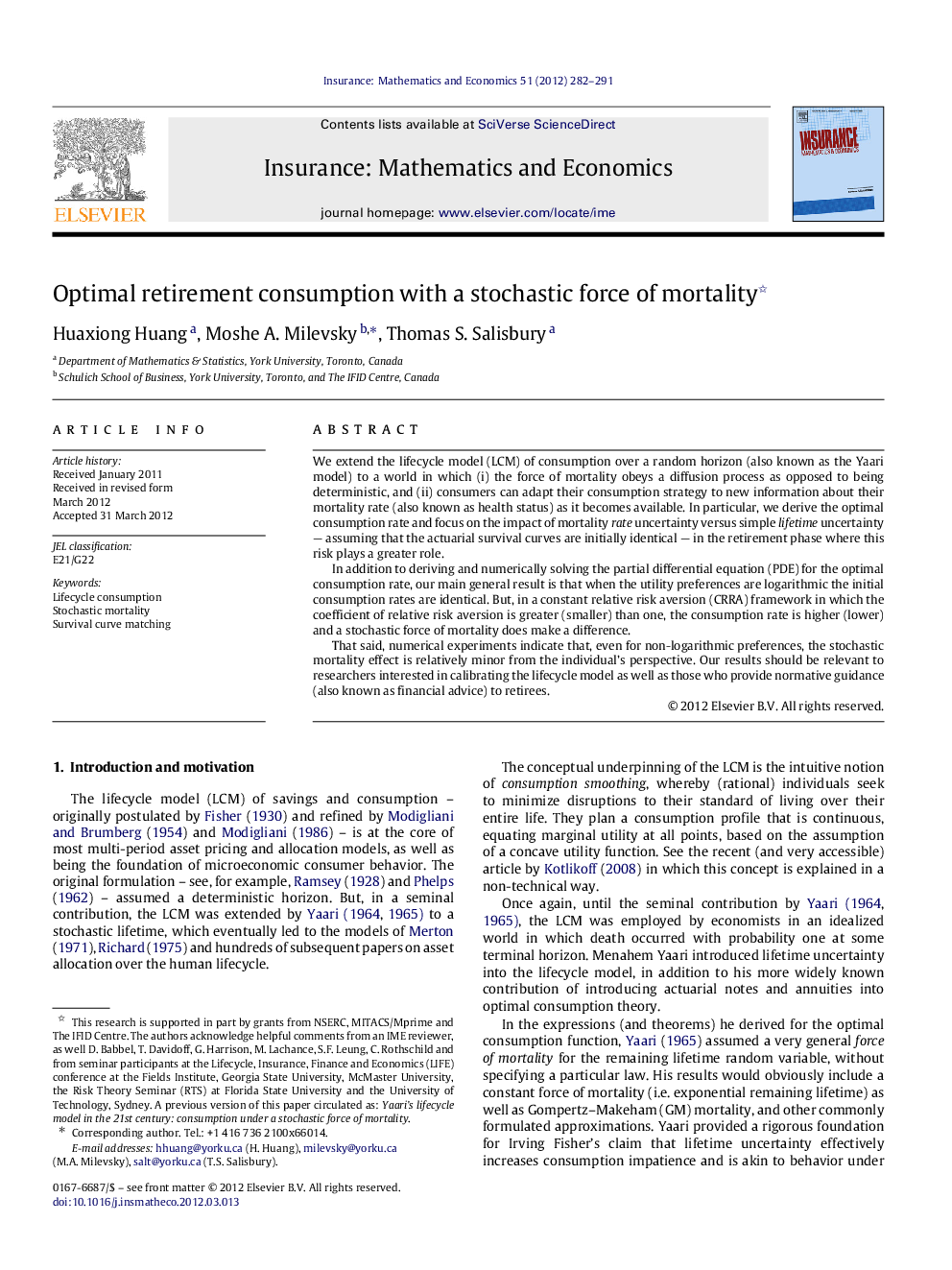 Optimal retirement consumption with a stochastic force of mortality