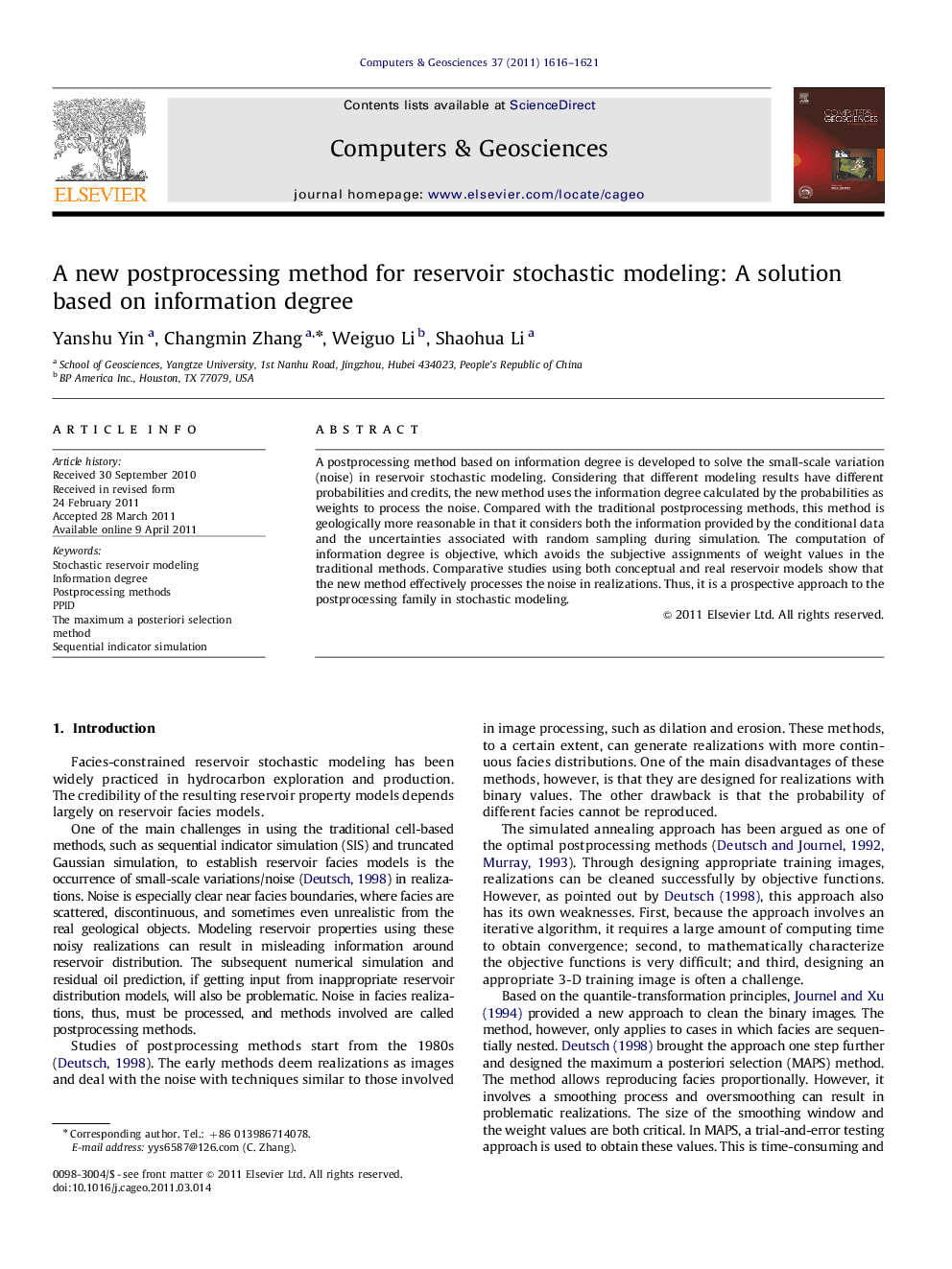 A new postprocessing method for reservoir stochastic modeling: A solution based on information degree