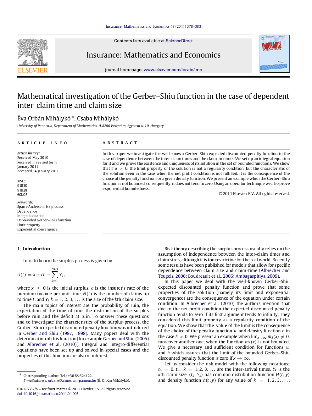 Mathematical investigation of the Gerber-Shiu function in the case of dependent inter-claim time and claim size