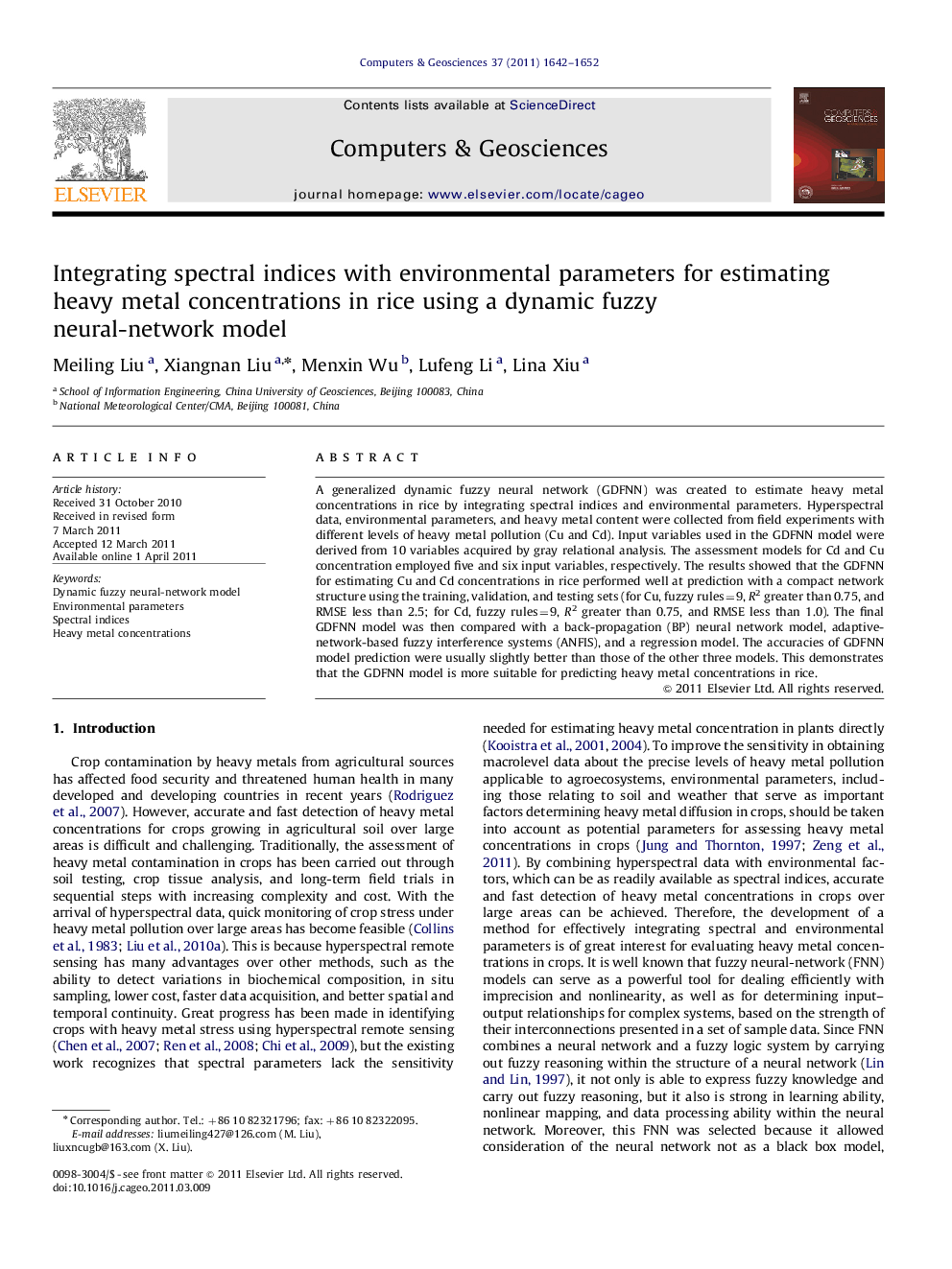 Integrating spectral indices with environmental parameters for estimating heavy metal concentrations in rice using a dynamic fuzzy neural-network model