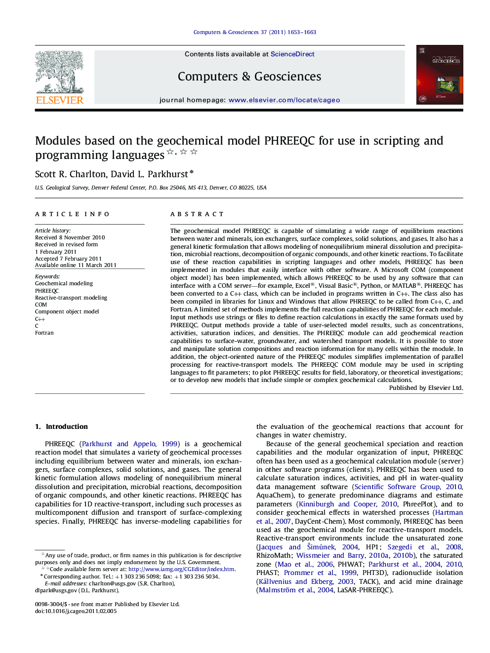 Modules based on the geochemical model PHREEQC for use in scripting and programming languages 