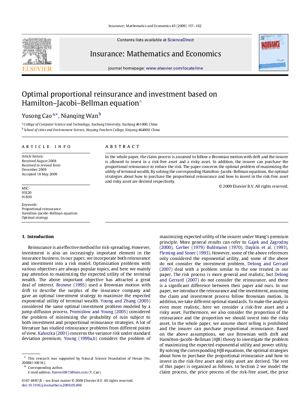 Optimal proportional reinsurance and investment based on Hamilton-Jacobi-Bellman equation