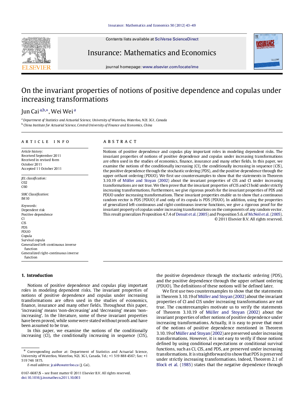 عکس صفحه اول مقاله: On the invariant properties of notions of positive dependence and copulas under increasing transformations On the invariant properties of notions of positive dependence and copulas under increasing transformations