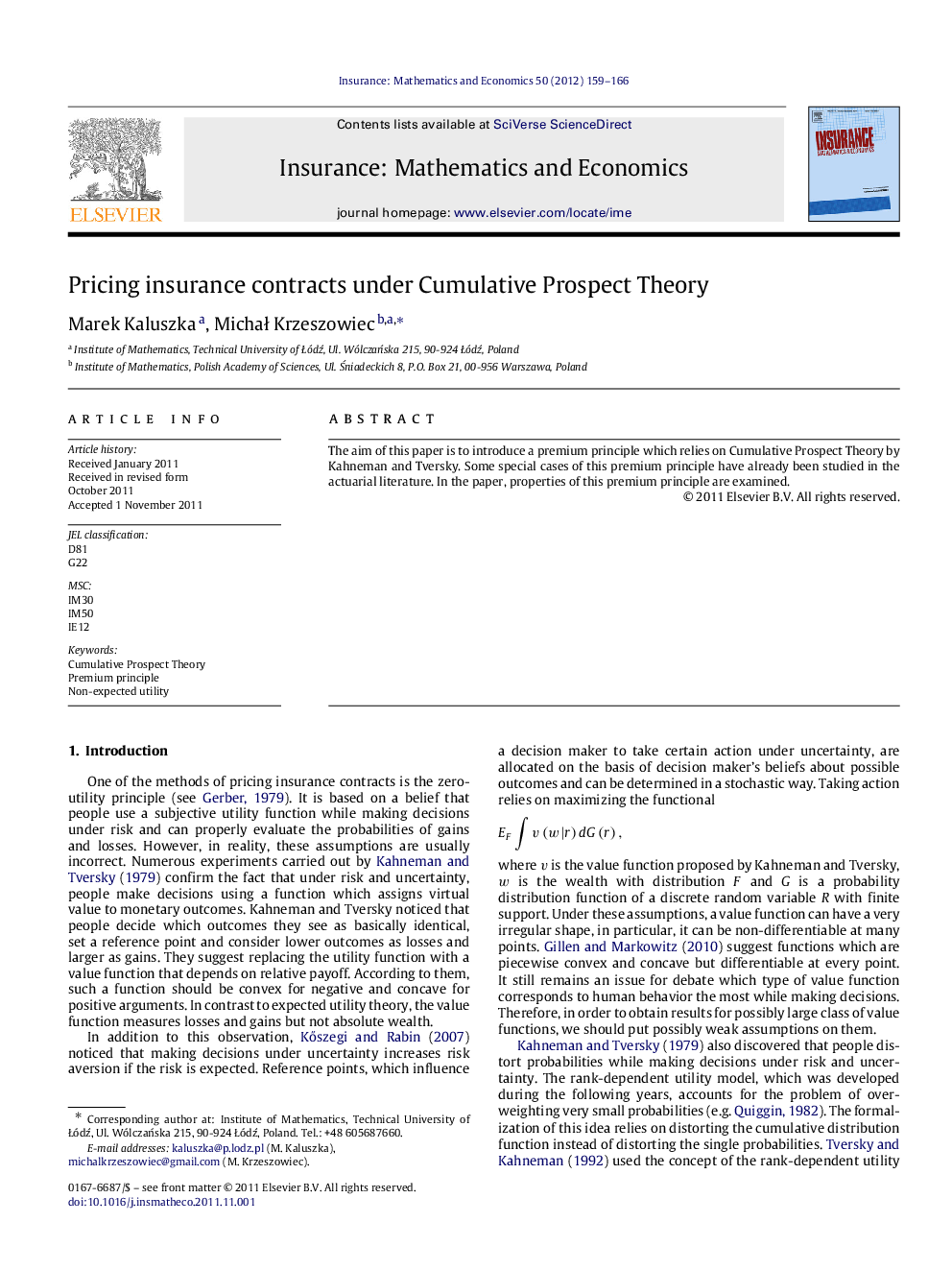 Pricing insurance contracts under Cumulative Prospect Theory