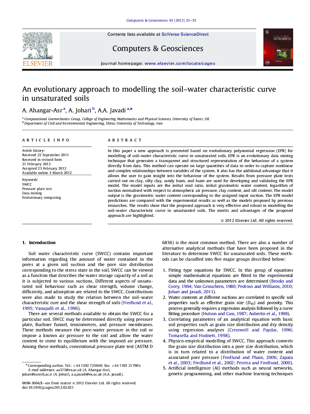 An evolutionary approach to modelling the soil–water characteristic curve in unsaturated soils