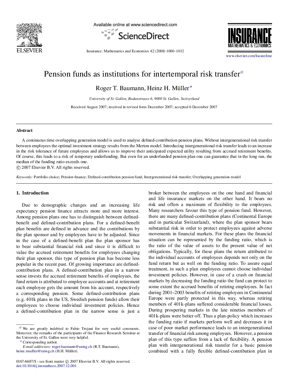 Pension funds as institutions for intertemporal risk transfer