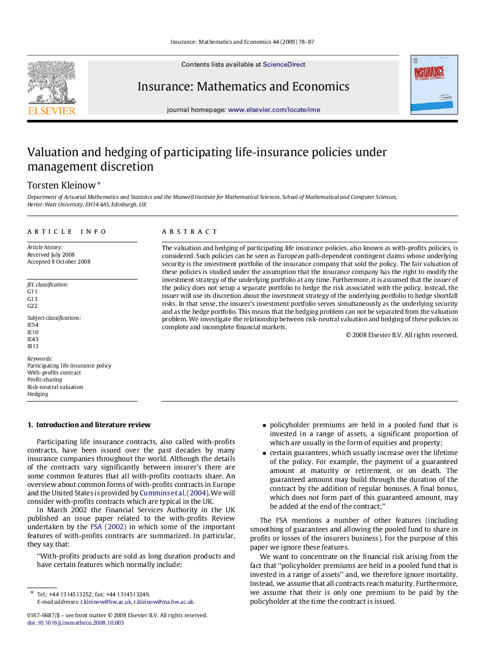 Valuation and hedging of participating life-insurance policies under management discretion