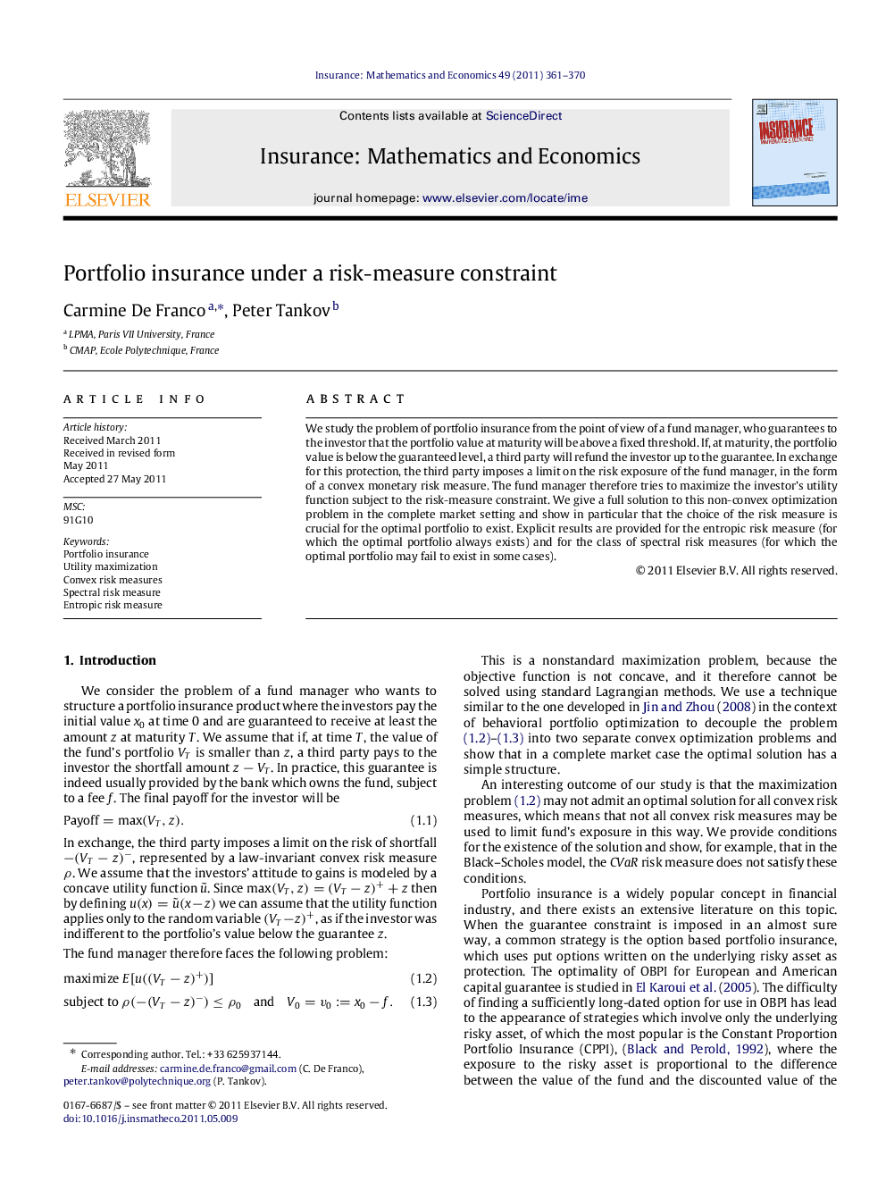 Portfolio insurance under a risk-measure constraint