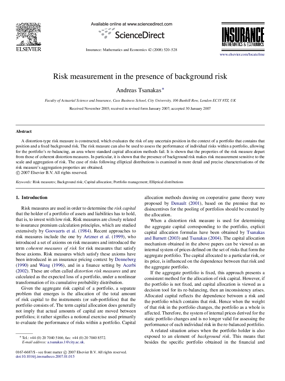 Risk measurement in the presence of background risk