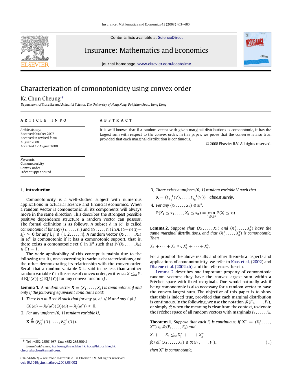 عکس صفحه اول مقاله: Characterization of comonotonicity using convex order Characterization of comonotonicity using convex order