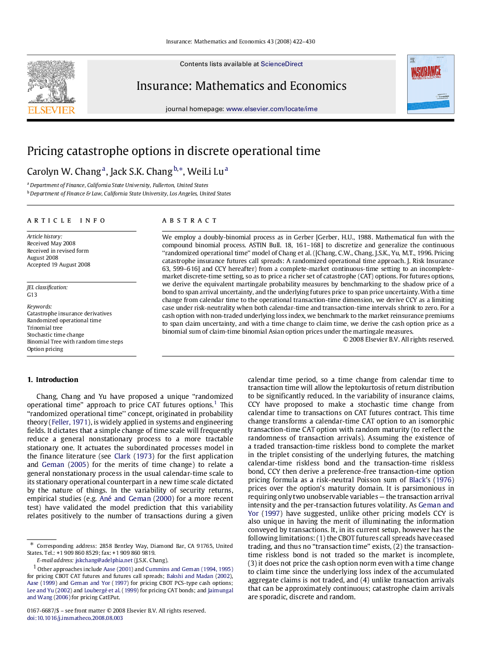 Pricing catastrophe options in discrete operational time