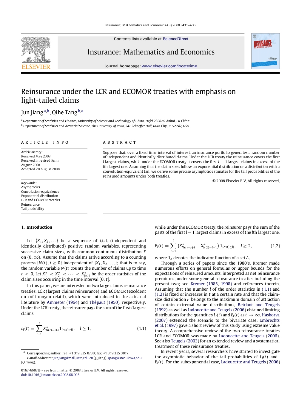 Reinsurance under the LCR and ECOMOR treaties with emphasis on light-tailed claims