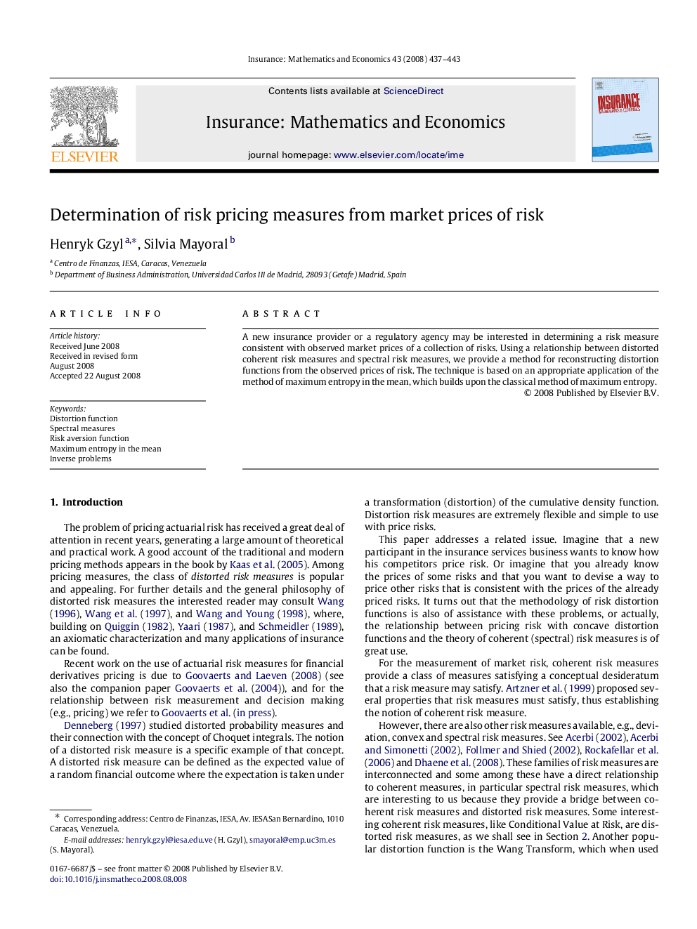 Determination of risk pricing measures from market prices of risk