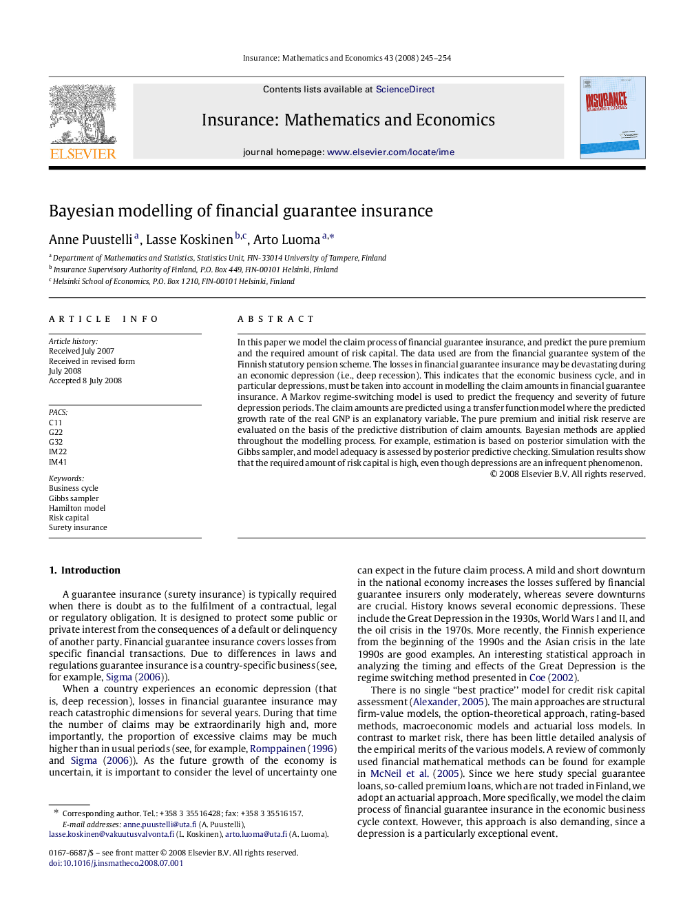 Bayesian modelling of financial guarantee insurance