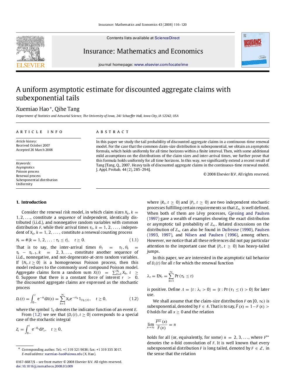 A uniform asymptotic estimate for discounted aggregate claims with subexponential tails