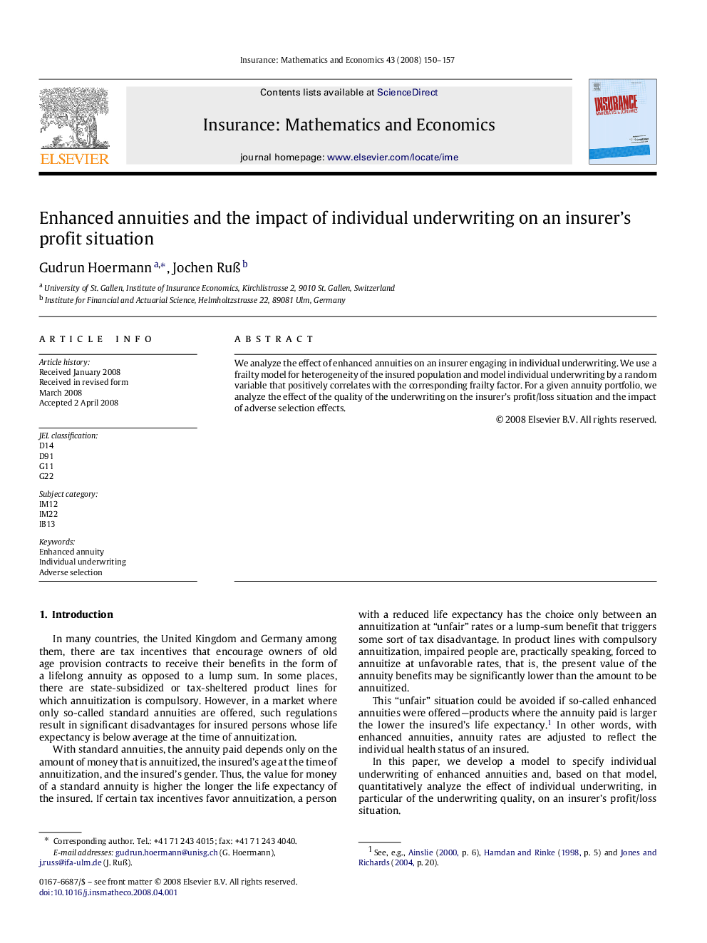 Enhanced annuities and the impact of individual underwriting on an insurer's profit situation