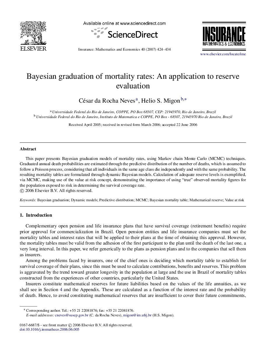 Bayesian graduation of mortality rates: An application to reserve evaluation