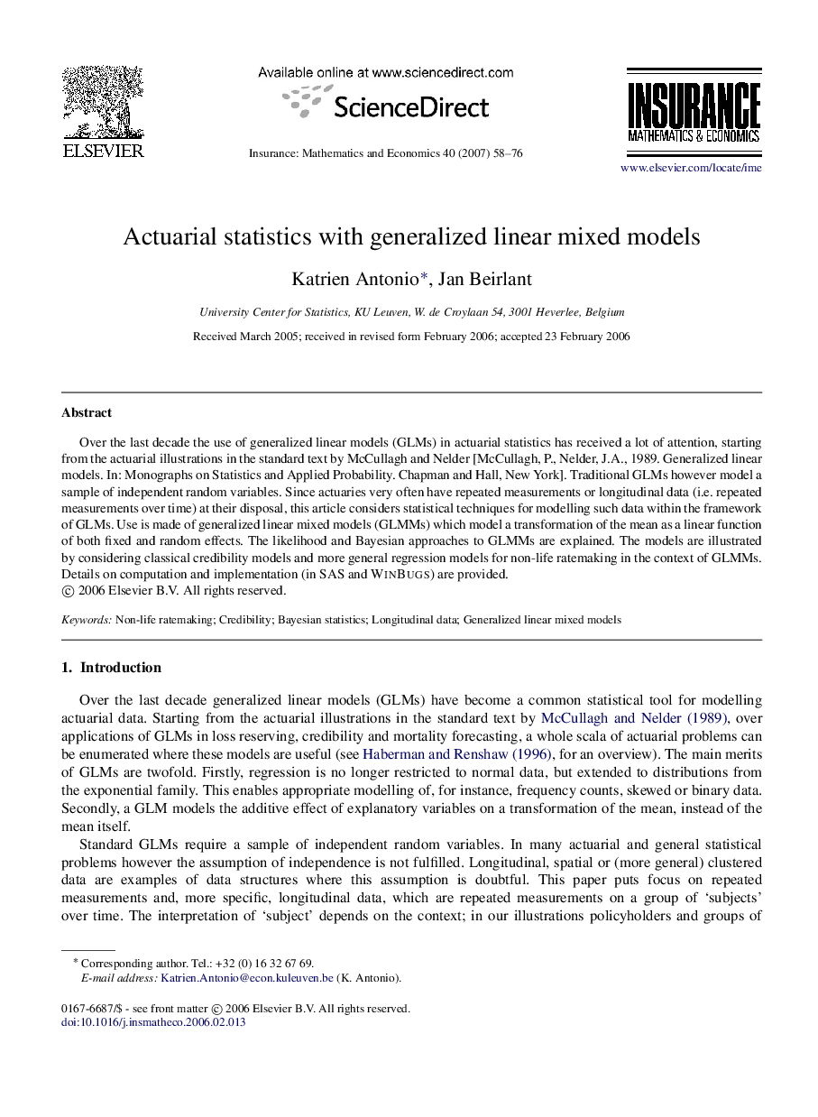 Actuarial statistics with generalized linear mixed models