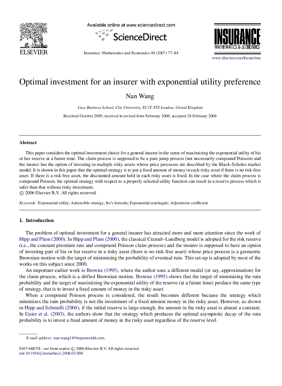 Optimal investment for an insurer with exponential utility preference