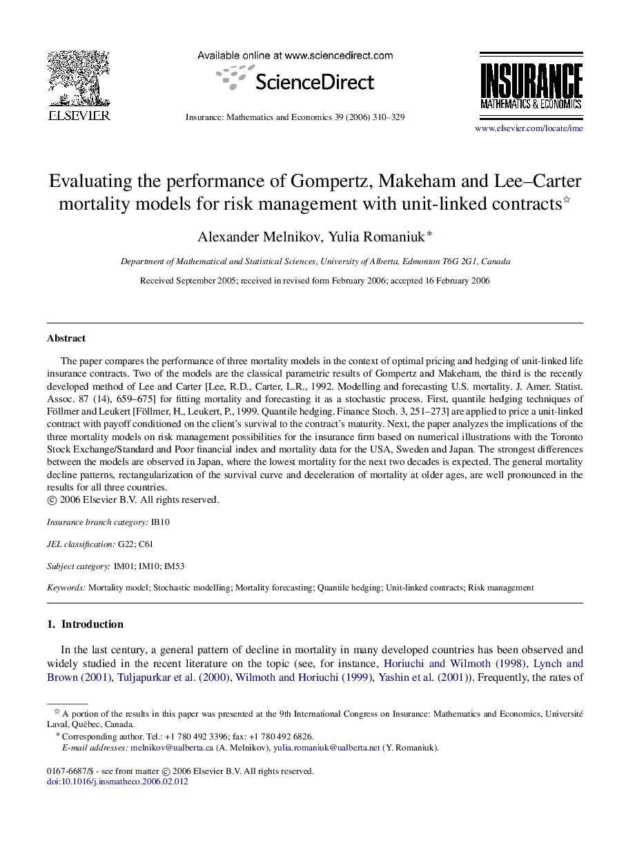 Evaluating the performance of Gompertz, Makeham and Lee-Carter mortality models for risk management with unit-linked contracts