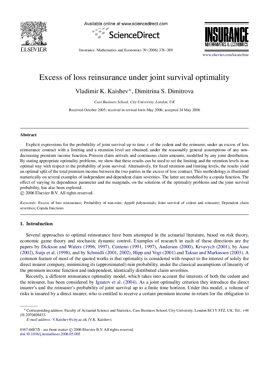 Excess of loss reinsurance under joint survival optimality