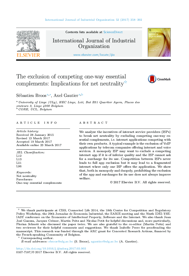 The exclusion of competing one-way essential complements: Implications for net neutrality