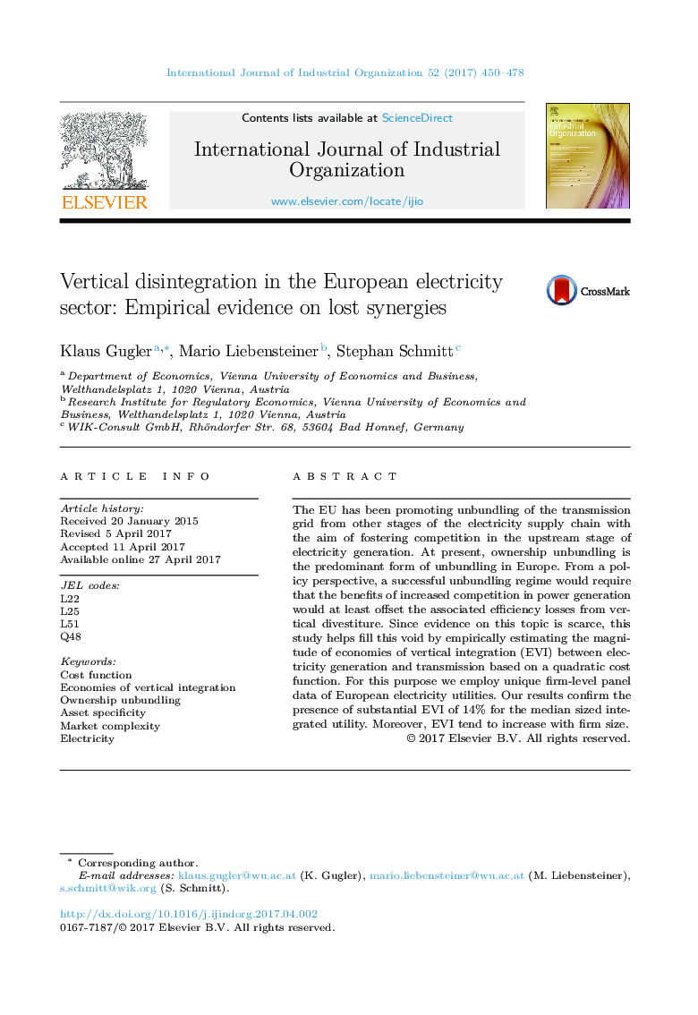 Vertical disintegration in the European electricity sector: Empirical evidence on lost synergies