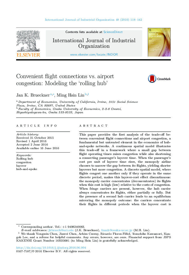 Convenient flight connections vs. airport congestion: Modeling the 'rolling hub'