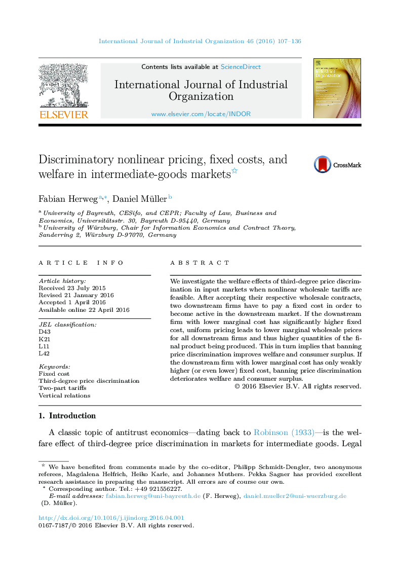 Discriminatory nonlinear pricing, fixed costs, and welfare in intermediate-goods markets