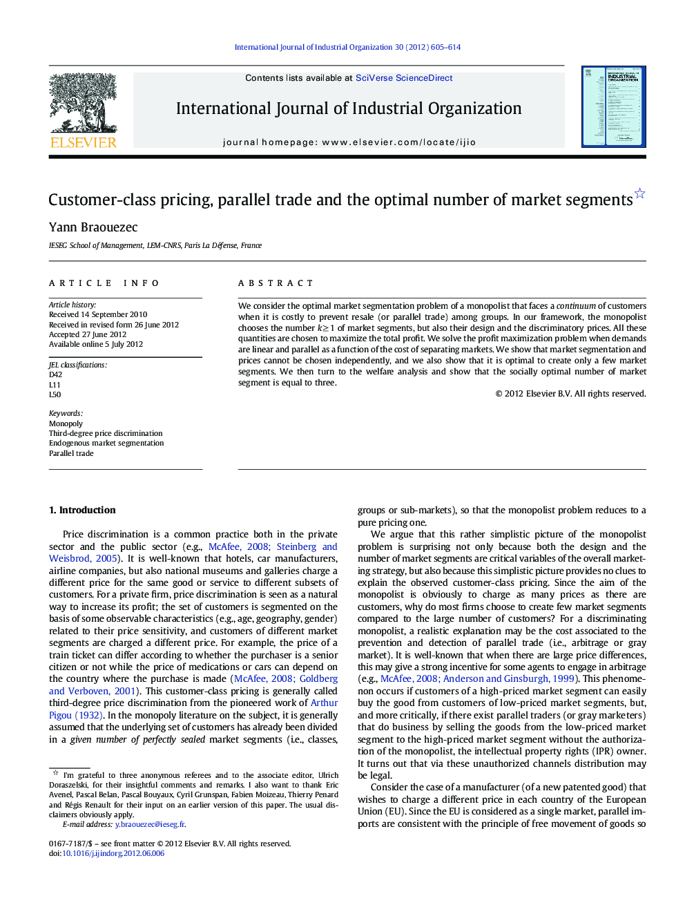 Customer-class pricing, parallel trade and the optimal number of market segments