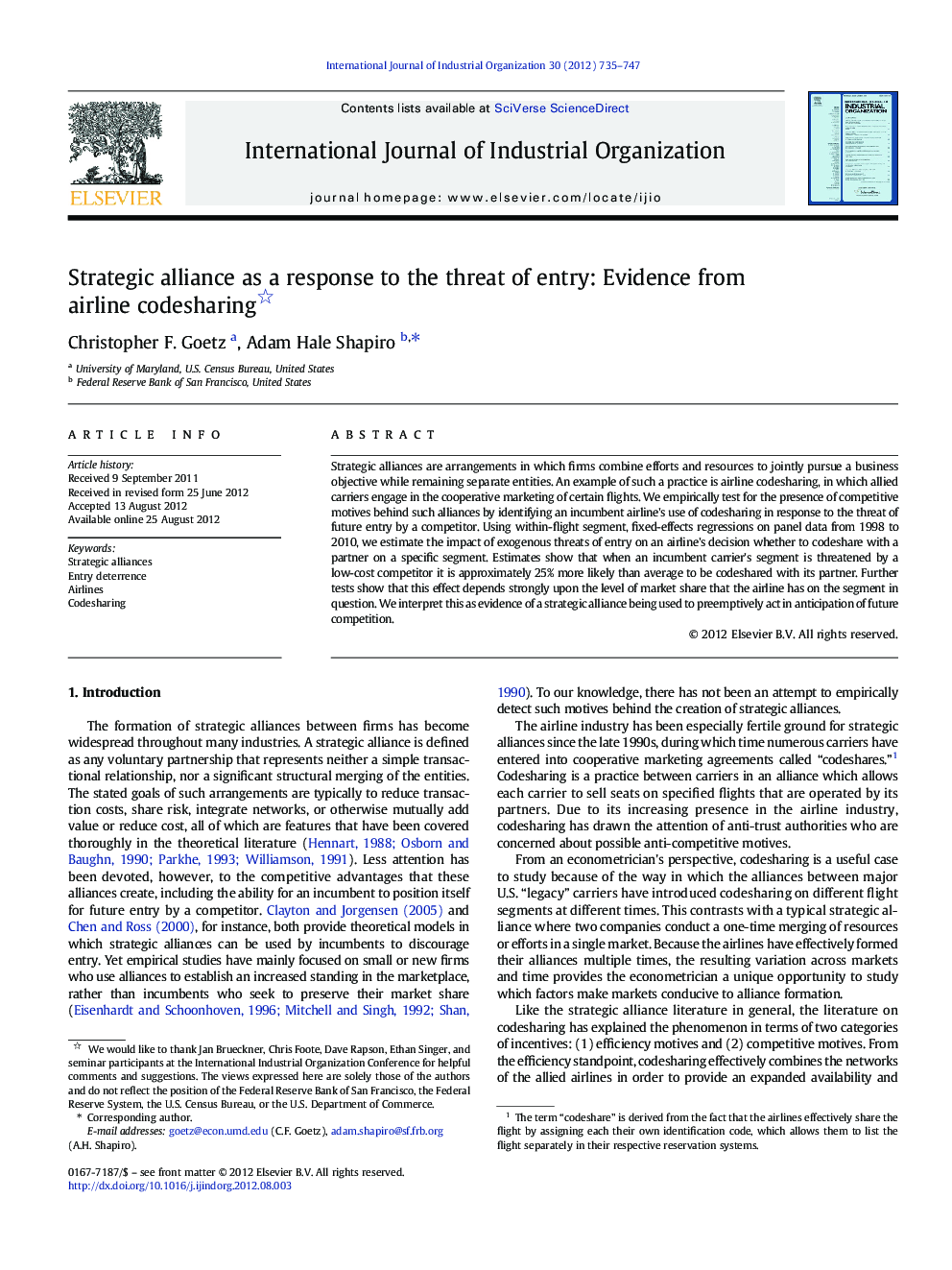 Strategic alliance as a response to the threat of entry: Evidence from airline codesharing